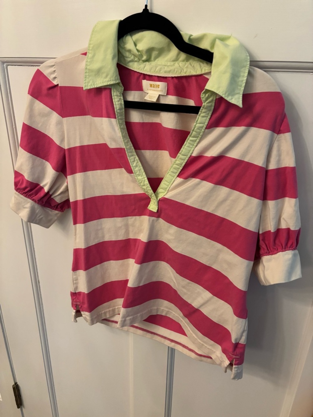 Anthropologie Pink & White Striped Polo Top with Lime Collar